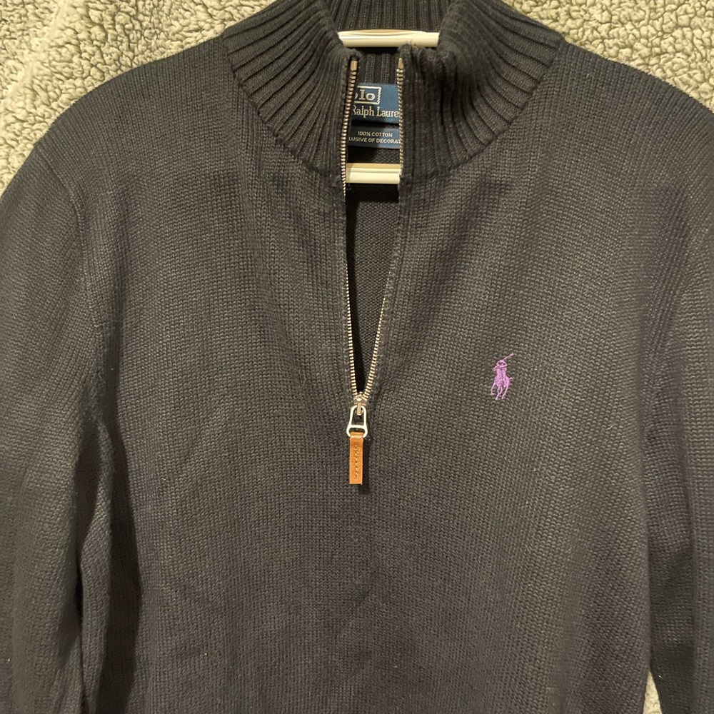 100% authentic Ralph Lauren Men's Black w/purple Polo Quarter Zip-Up Sweater